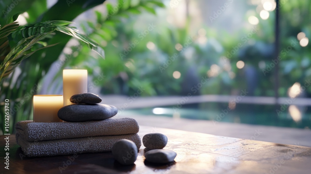 Relaxing Spa Scene with Candles, Stones, and Towels
