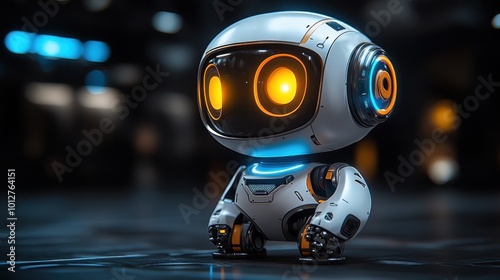 A cute, futuristic robot with glowing eyes in a sleek environment.