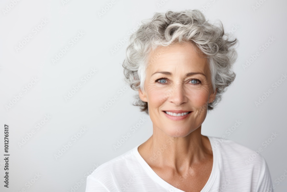 Portrait of smiling senior woman with grey hair and white t-shirt Portrait of smiling senior woman with grey hair and white t-shirt