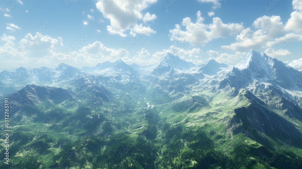 A stunning aerial view of majestic mountains and lush valleys. A stunning aerial view of majestic mountains and lush valleys.