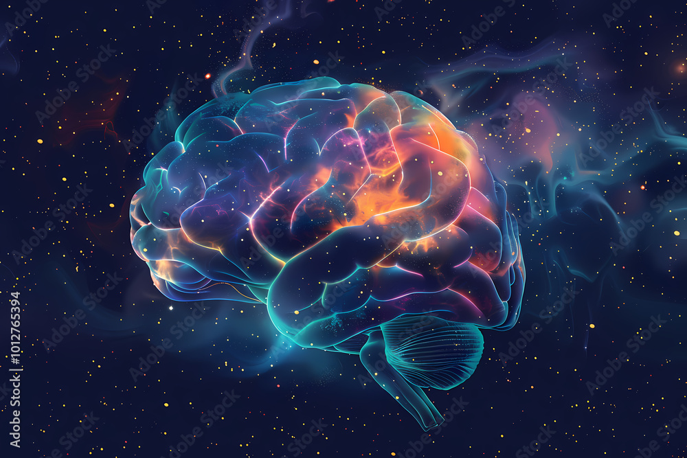 A vibrant cosmic brain illuminated with colorful nebulae and stars, symbolizing creativity and intelligence in a mystical universe. A vibrant cosmic brain illuminated with colorful nebulae and stars, symbolizing creativity and intelligence in a mystical universe.