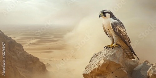 A falcon perched on a rock overlooking a vast, sandy desert landscape with a dusty wind blowing in the distance. photo