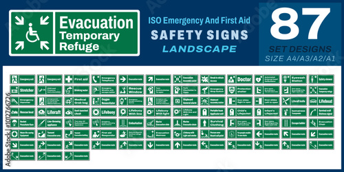 87 set iso emergency and first aid safety signs v24_evacuation temporary refuge_landscape size 1/2 a4,a3,a2,a1	
