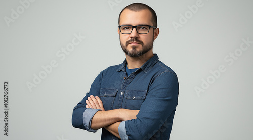 Portrait of a man, professional portrait of an attractive young man with glasses, short hair, and a beard wearing a blue shirt, isolated on a grey background