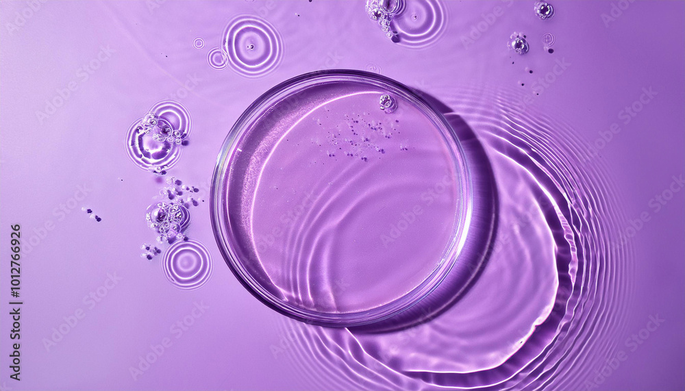 Fototapeta premium Top view of transparent round empty podium, splashes and bubbles on the purple surface water background. Empty platform for cosmetics. Blank minimal design concept.