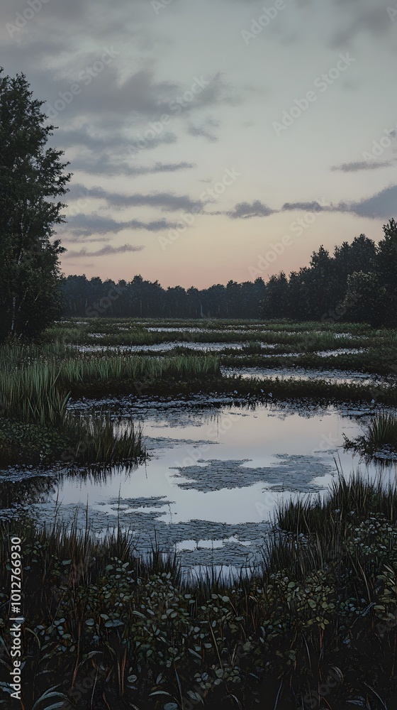 Serene wetland landscape at dusk with calm water reflections.