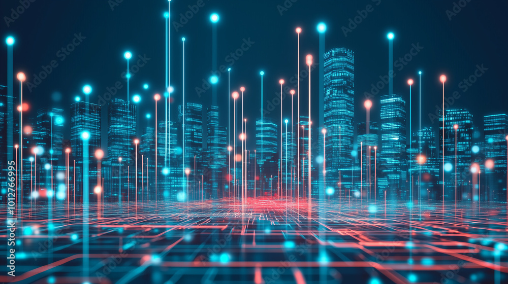Abstract digital cityscape. Flowing lines, holograms. Futuristic tech. Blurred foreground. Red path for progress. Abstract digital cityscape. Flowing lines, holograms. Futuristic tech. Blurred foreground. Red path for progress.