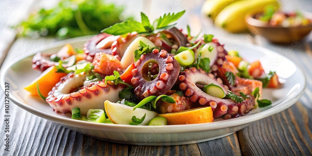 Fresh Portuguese Octopus Salad with Olive Oil in a White Plate Low Angle Fresh Portuguese Octopus Salad with Olive Oil in a White Plate Low Angle