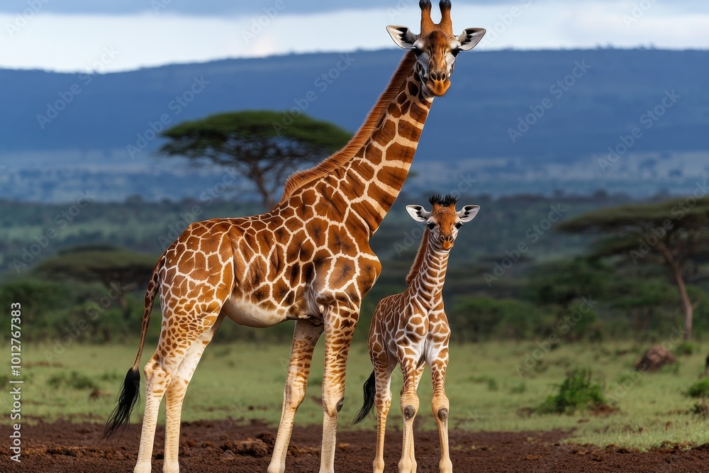 Obraz premium A giraffe calf standing beside its mother, with the rich landscape of the conservation area behind them, symbolizing the success of breeding and conservation efforts at the center