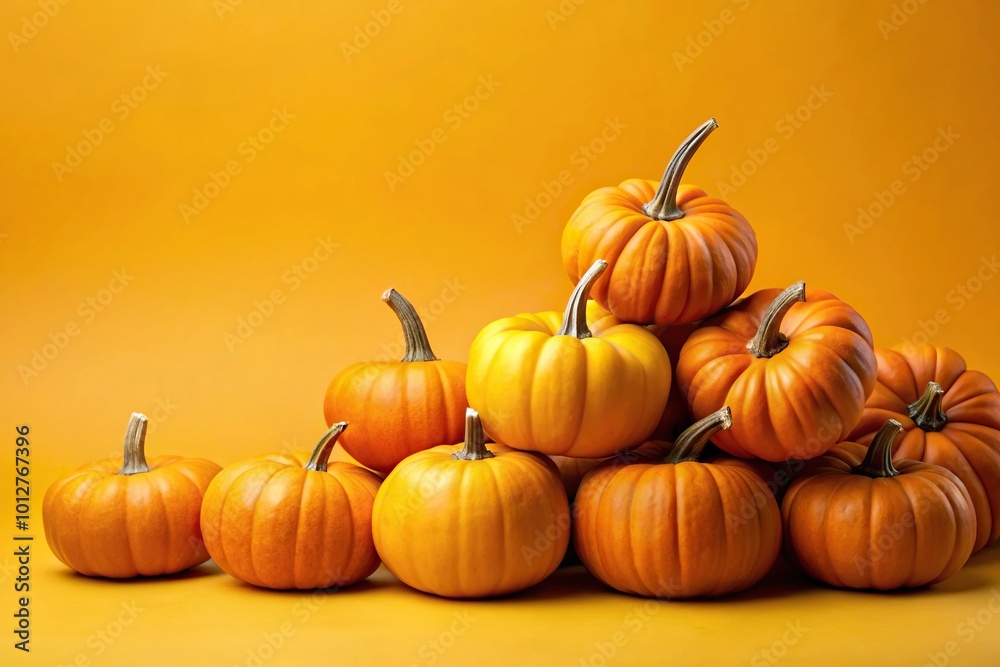 Fresh pumpkins reflected in yellow background Fresh pumpkins reflected in yellow background