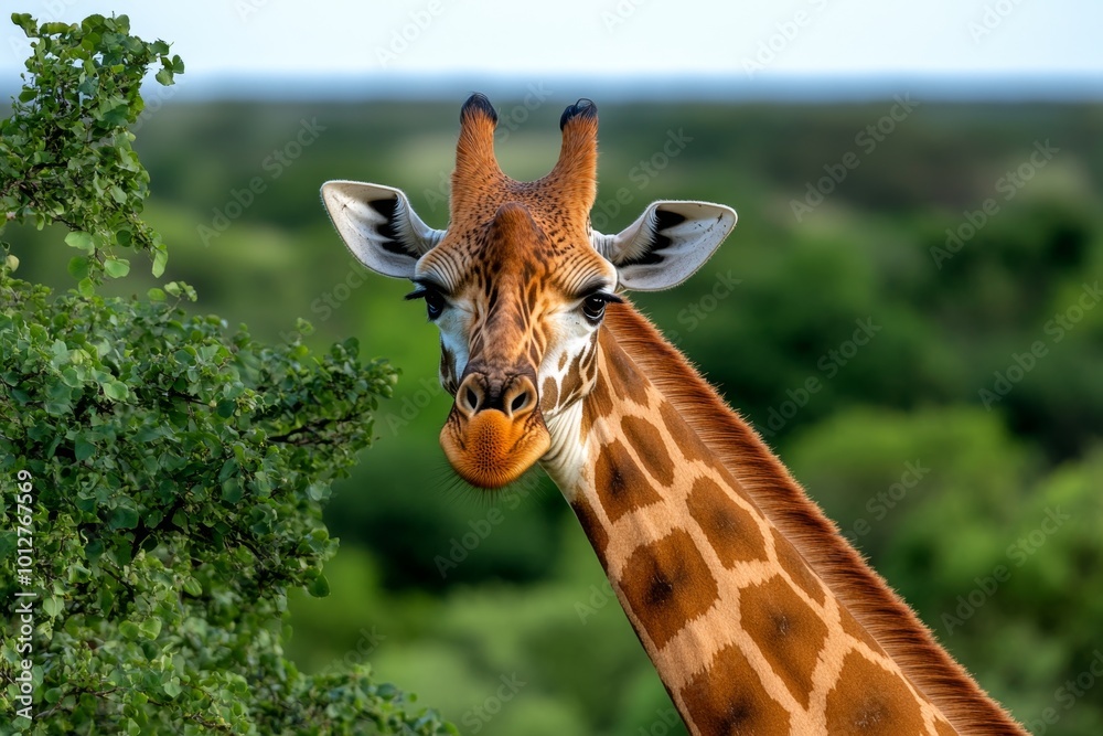 Fototapeta premium A giraffe stretching its neck toward the trees to reach higher branches, with the conservation area’s natural beauty showcased around it, symbolizing the protection of natural behaviors at the