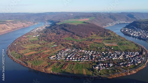 Rhine Meander Loop of Bopparder Hamm in Boppard, Autumn Drone View photo