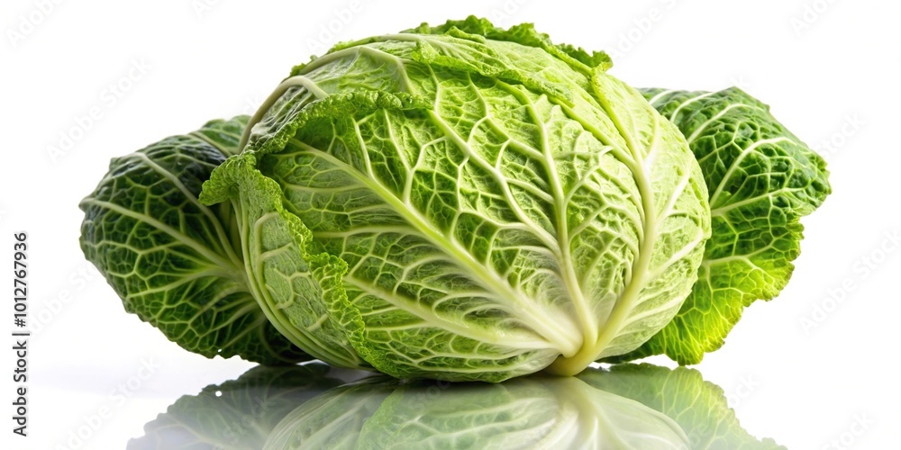 Obraz premium Fresh raw cabbage reflected on white background