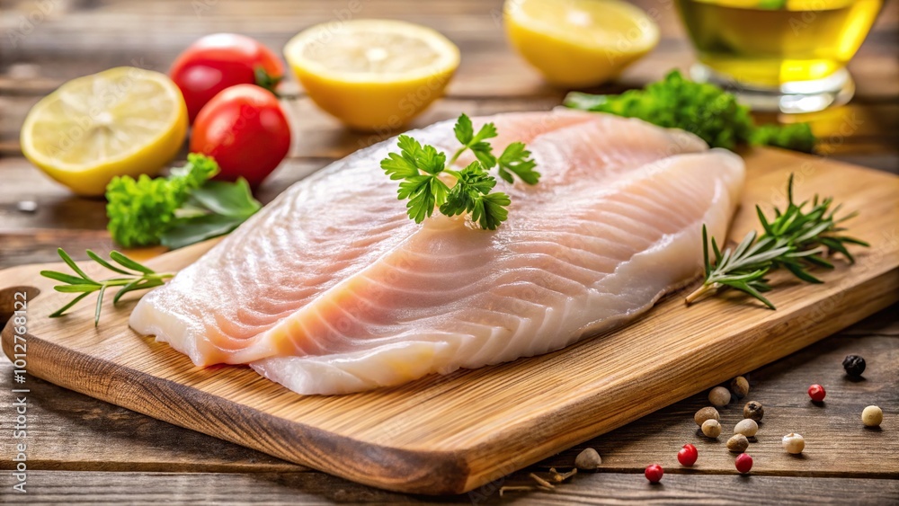 Fresh raw fish fillet on wooden board closeup Fresh raw fish fillet on wooden board closeup