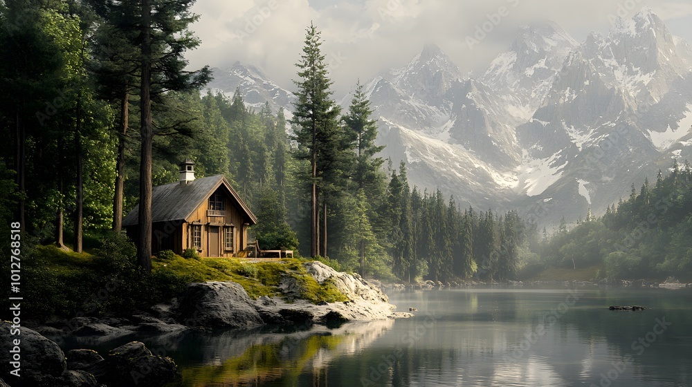 Tranquil lakeside cabin surrounded by mountains and forests. Tranquil lakeside cabin surrounded by mountains and forests.