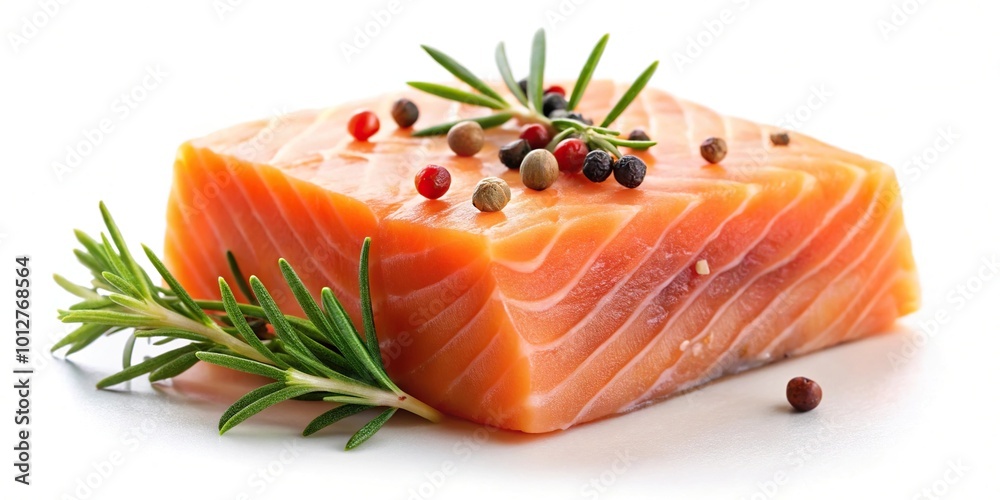 Fresh raw salmon cube with rosemary and peppercorn on a white background macro Fresh raw salmon cube with rosemary and peppercorn on a white background macro