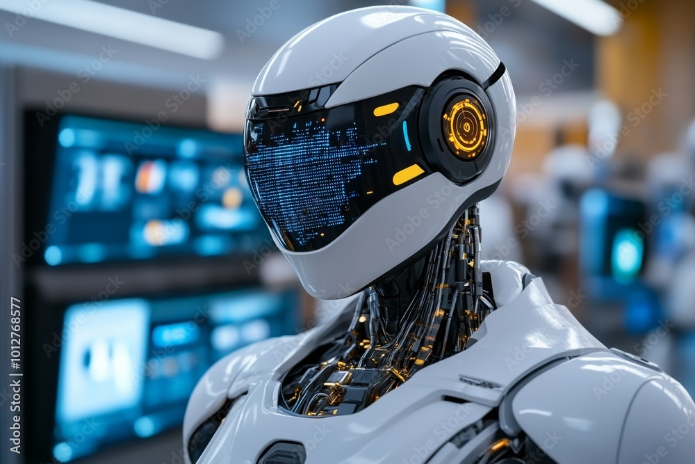 Advanced AI-driven city of tomorrow, with robots managing urban functions, digital displays everywhere, and seamless smart technology Advanced AI-driven city of tomorrow, with robots managing urban functions, digital displays everywhere, and seamless smart technology
