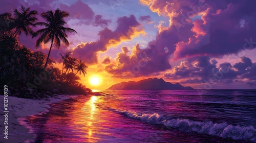 Vibrant sunset over a tropical beach with palm trees and waves.