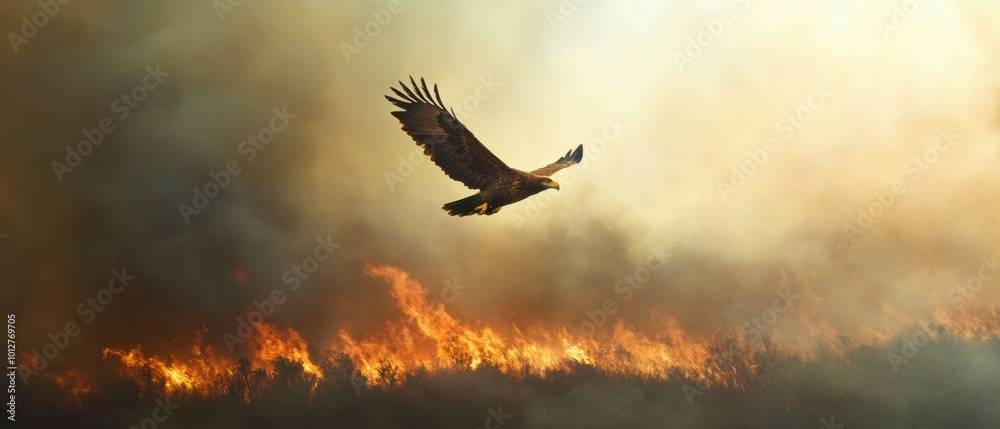 Fototapeta premium Majestic Eagle Soaring Above Wildfire