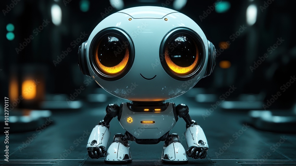 A cute, futuristic robot with large expressive eyes in a dark setting. A cute, futuristic robot with large expressive eyes in a dark setting.