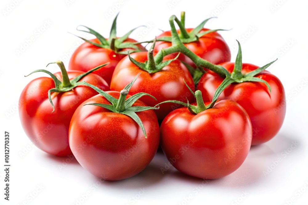 Fresh red tomatoes with green stems isolated on white background. Fresh red tomatoes with green stems isolated on white background.