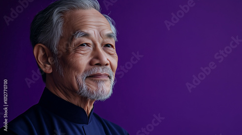 Elderly Asian man in traditional attire poses against a vivid purple background, capturing wisdom and serenity in his expression