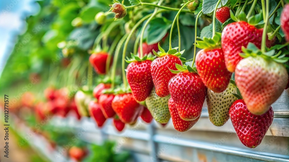 Fresh ripe red strawberries growing on farm tilted angle Fresh ripe red strawberries growing on farm tilted angle