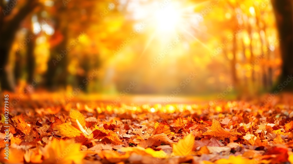 Autumn forest path surrounded by vibrant fallen leaves, inviting serenity and the beauty of seasonal change.