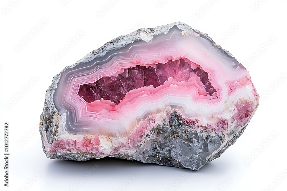 Fototapeta premium A cross section of the agate stone isolated on white background. Translucent slice of natural stone agate.