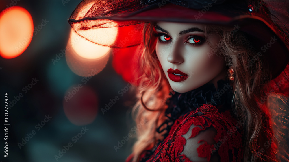 a beautiful model wearing halloween costume, attractive witch with red eyes a beautiful model wearing halloween costume, attractive witch with red eyes