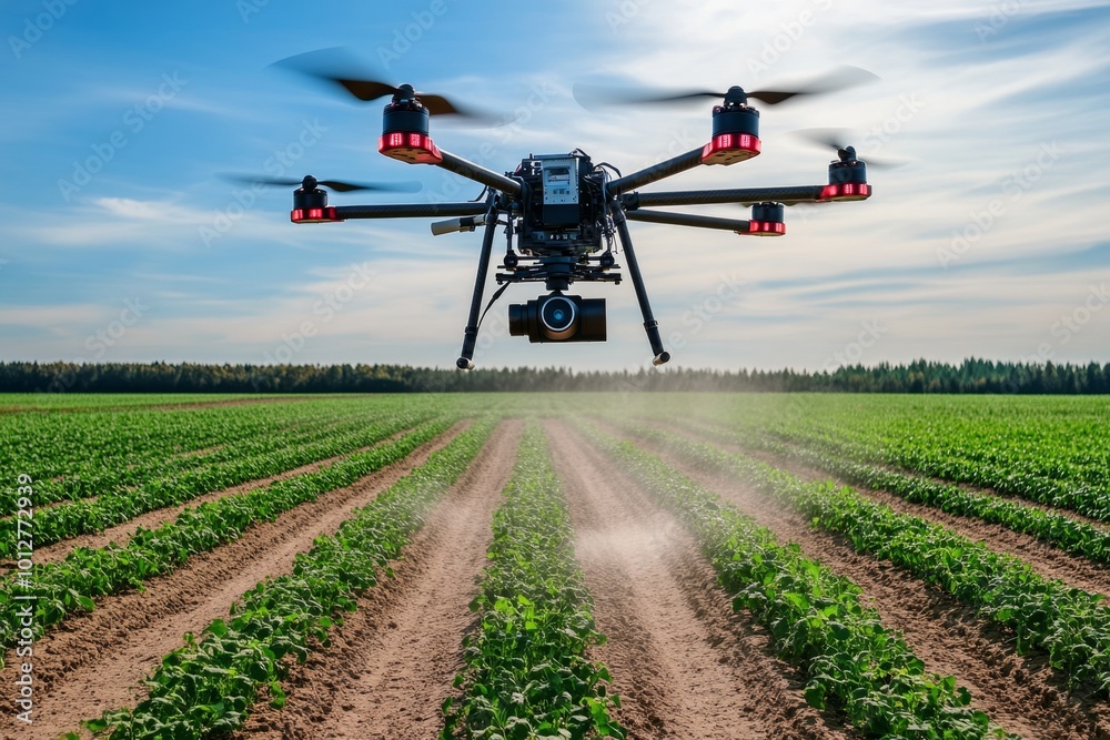 High-tech rural agriculture with drones flying over fields, monitoring crop growth and spraying water with precision in a futuristic farming landscape High-tech rural agriculture with drones flying over fields, monitoring crop growth and spraying water with precision in a futuristic farming landscape