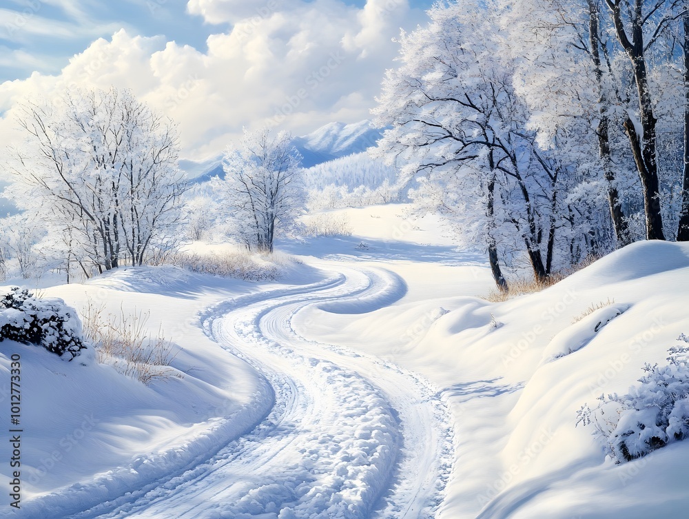 Serene winter landscape with snow-covered trees and winding path. Serene winter landscape with snow-covered trees and winding path.