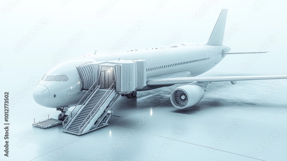 A sleek, modern airplane with a boarding staircase in a minimalist setting. A sleek, modern airplane with a boarding staircase in a minimalist setting.
