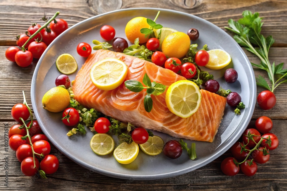 Fresh Salmon with Grapes Tomatoes Lemons and Ice Fresh Salmon with Grapes Tomatoes Lemons and Ice