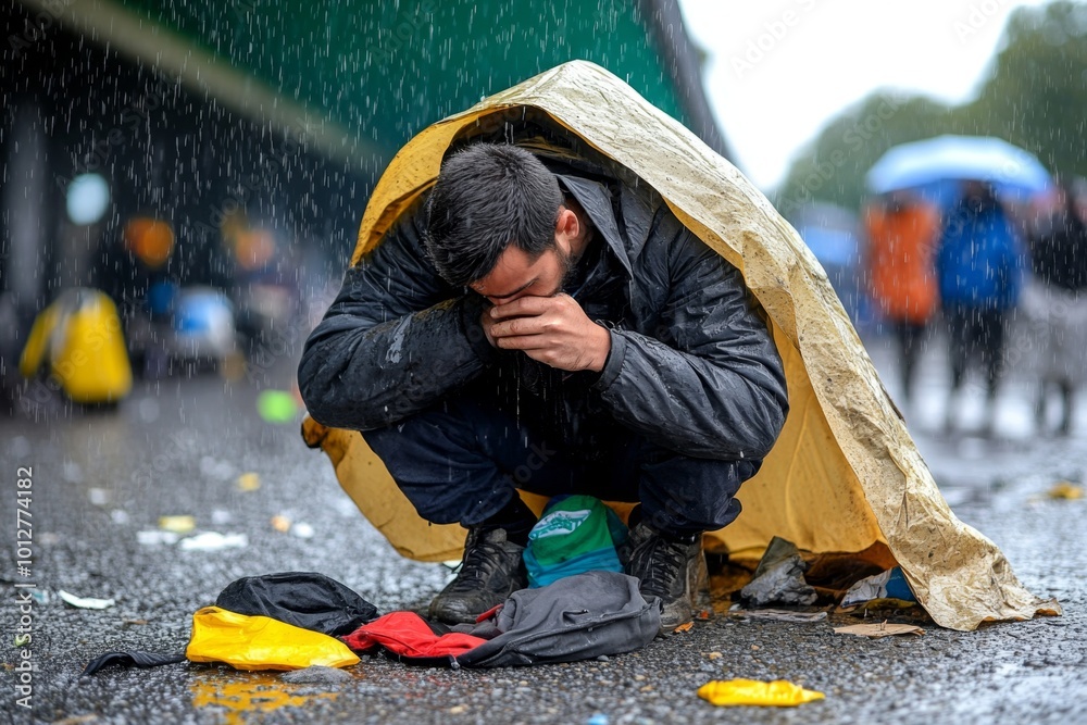 Homelessness in the rain shown by a person huddling under a thin tarp while the rain pours down, soaking their belongings Homelessness in the rain shown by a person huddling under a thin tarp while the rain pours down, soaking their belongings