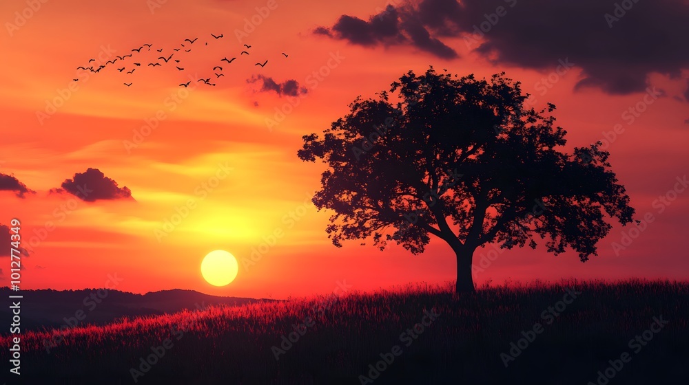 A serene sunset over a hill with a solitary tree and birds. A serene sunset over a hill with a solitary tree and birds.