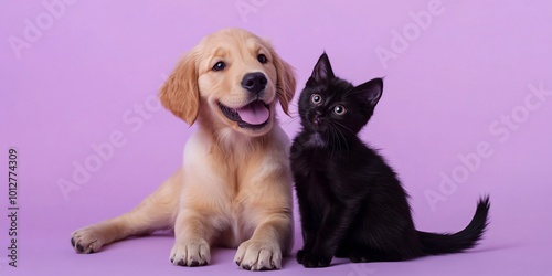 A golden retriever puppy lays down with a black kitten sitting beside it on a purple background.