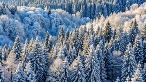 Fresh snow fall on trees and forests in Swiss Jura Mountains Close-Up