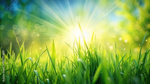 fresh spring background with grass and sunlight in square format at a tilted angle