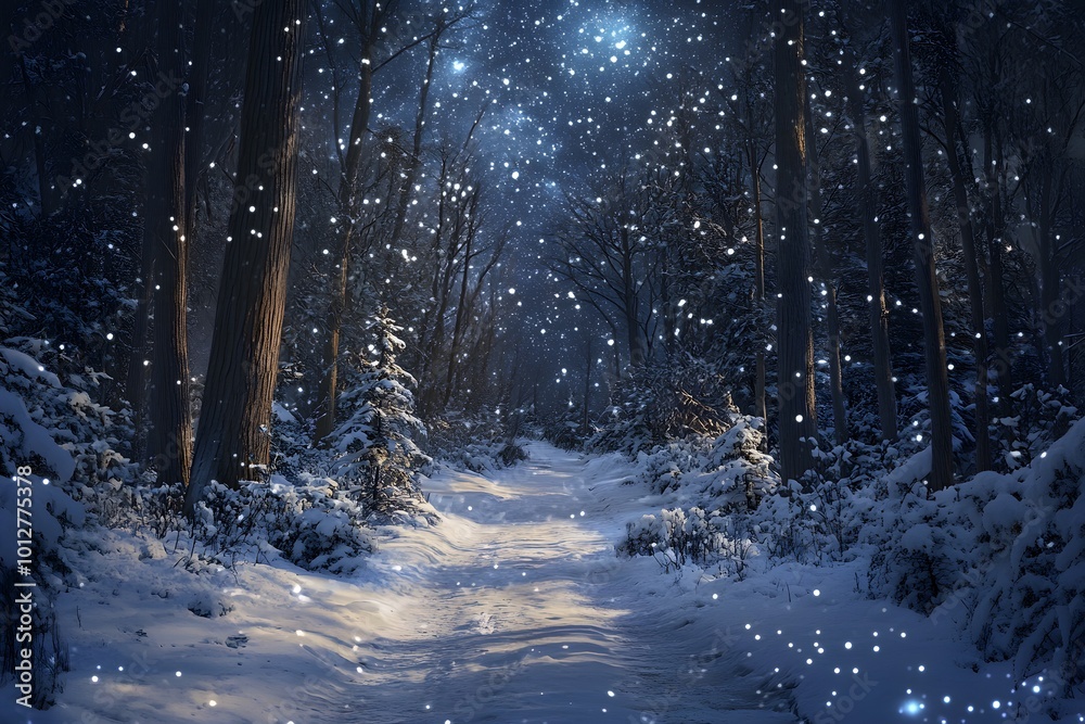 A serene winter forest path blanketed in snow. A serene winter forest path blanketed in snow.