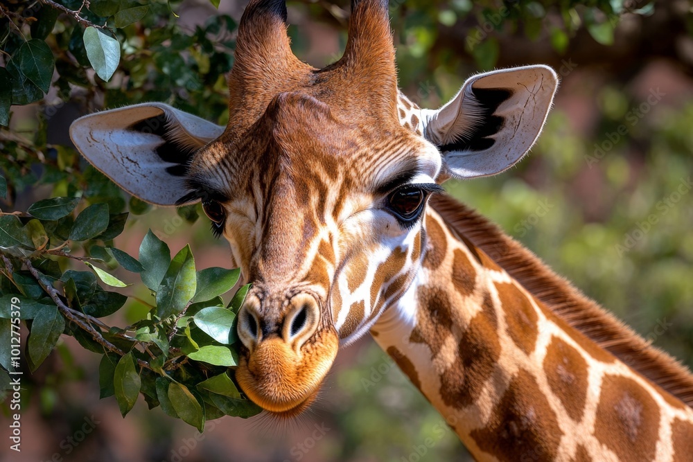 Obraz premium Hyper-realistic image of a giraffe eating leaves from a tree, with every leaf and spot on the giraffe rendered in vivid detail, representing the natural behavior of giraffes in the conservation