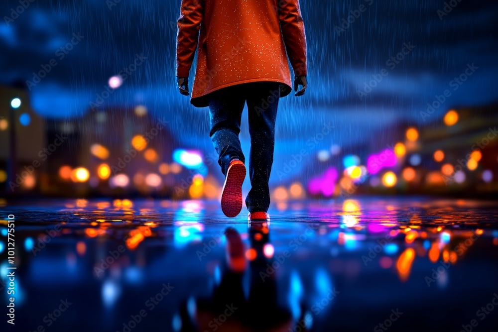 Fototapeta premium Hyper-realistic scene of a person walking through a rainy street, reflecting on yesterday’s events with water droplets on their coat and soft reflections on the pavement