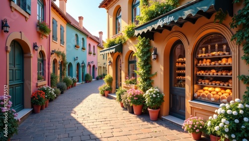 Colorful European Bakery Street with Fresh Bread