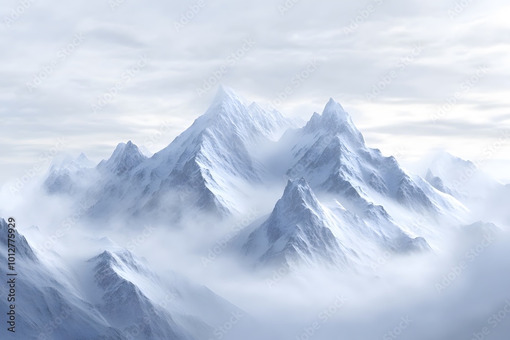 Snow-covered mountains shrouded in mist under a cloudy sky. Snow-covered mountains shrouded in mist under a cloudy sky.