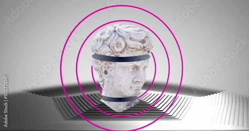 Animation of spliced male classical sculpture bust over pink rings and white and grey hexagons photo