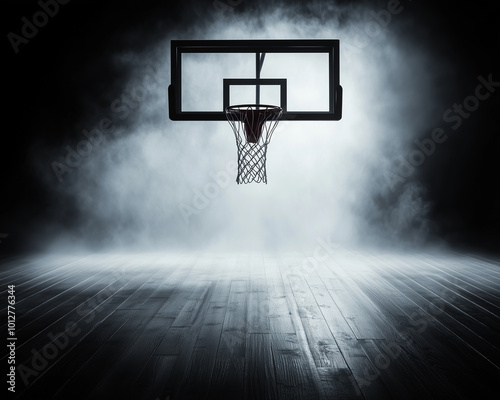  Smoky black background with a silhouette of a basketball hoop