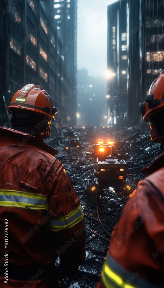 Firefighters assessing damage in a devastated urban landscape after a disaster.