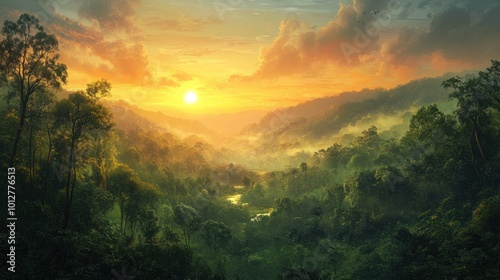 Sunrise Over Lush Green Mountains