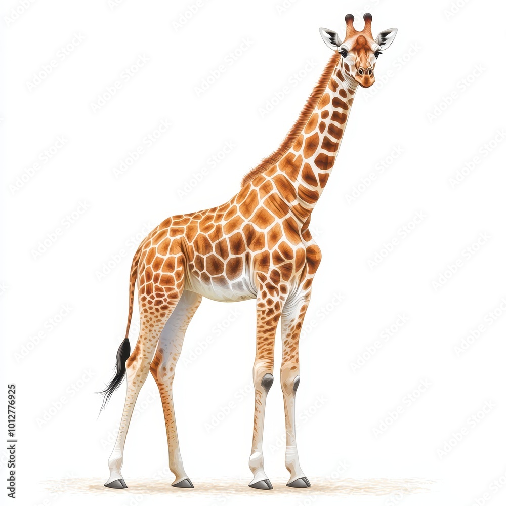 Obraz premium Giraffe standing tall, white isolated background.