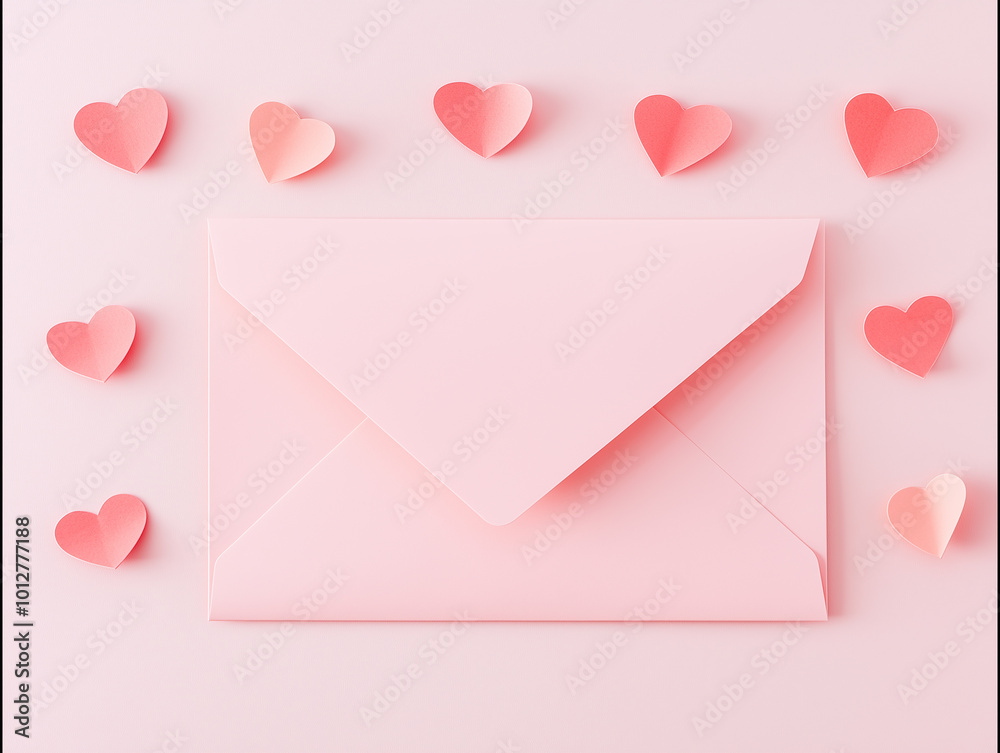 Photo of a romantic envelope with paper hearts on a pink background. Valentine's Day concept Photo of a romantic envelope with paper hearts on a pink background. Valentine's Day concept
